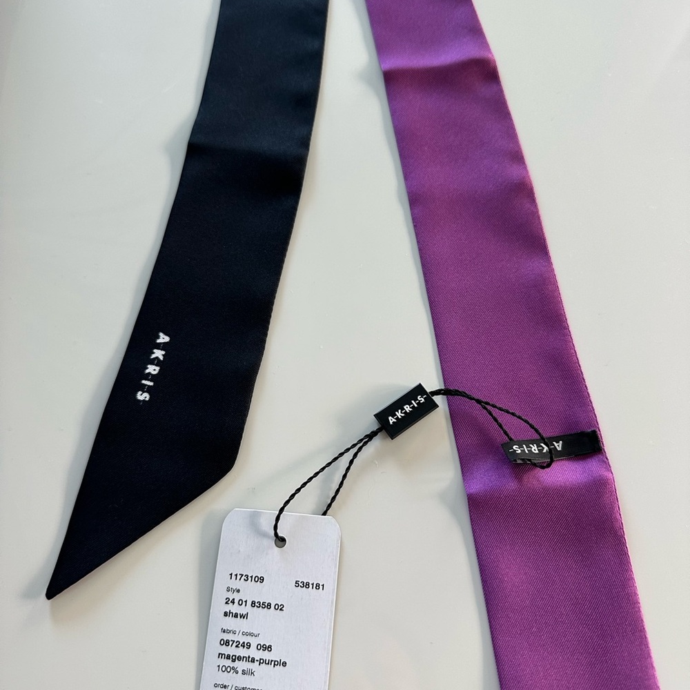 Akris Silk Black and Purple Twilly/Scarf / Headband/ Purse Wrap Brand New w/tags